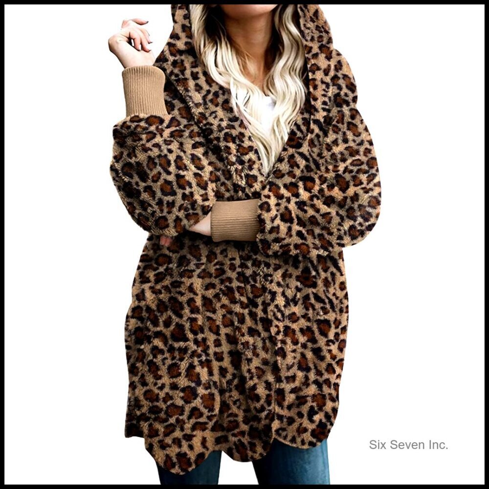 Oversized Hooded Fleece Cardigan Jacket Cozy Fuzzy Sherpa Open Front Pockets